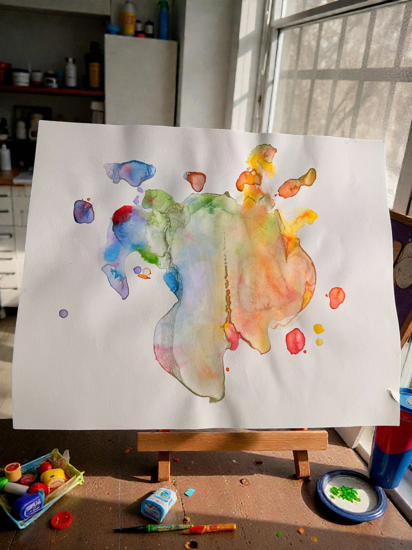 Abstract Rainbow Water Color Splat Painting
