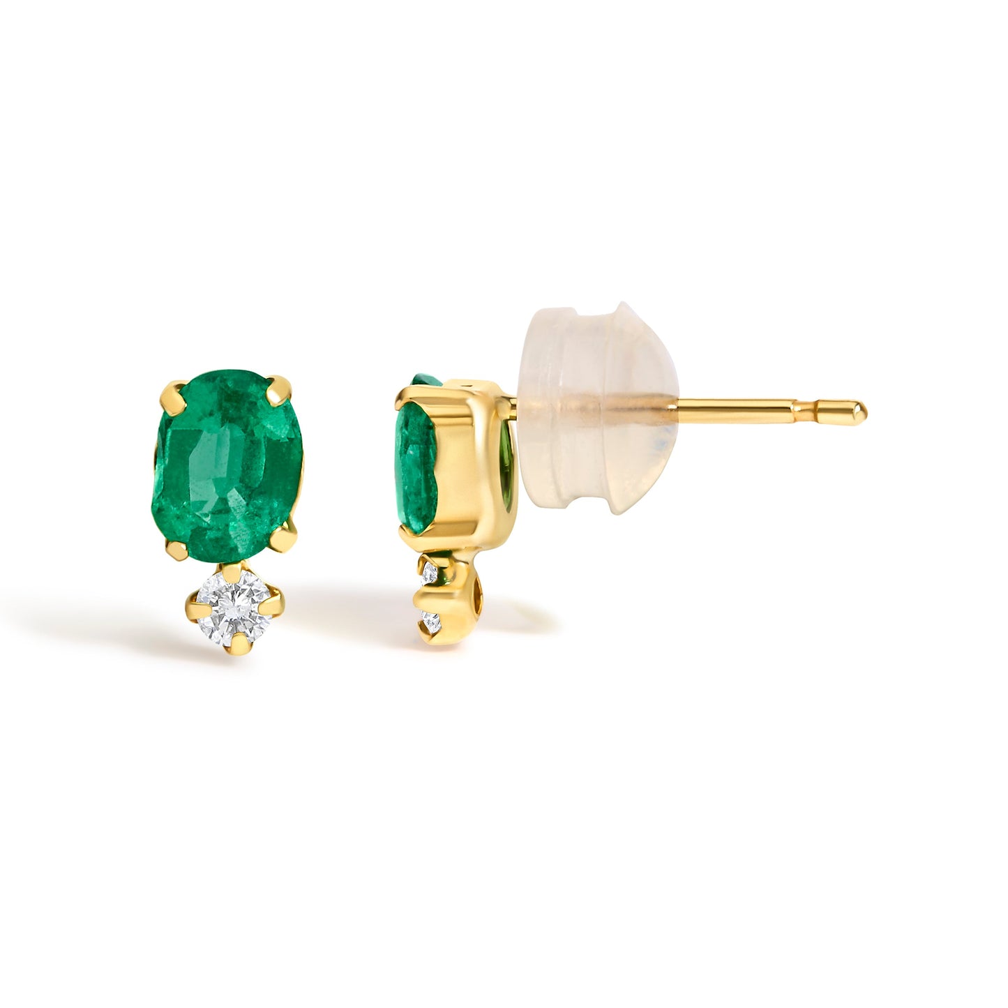 18K Yellow Gold Oval Green Emerald and Diamond Double Drop Stud Earrings