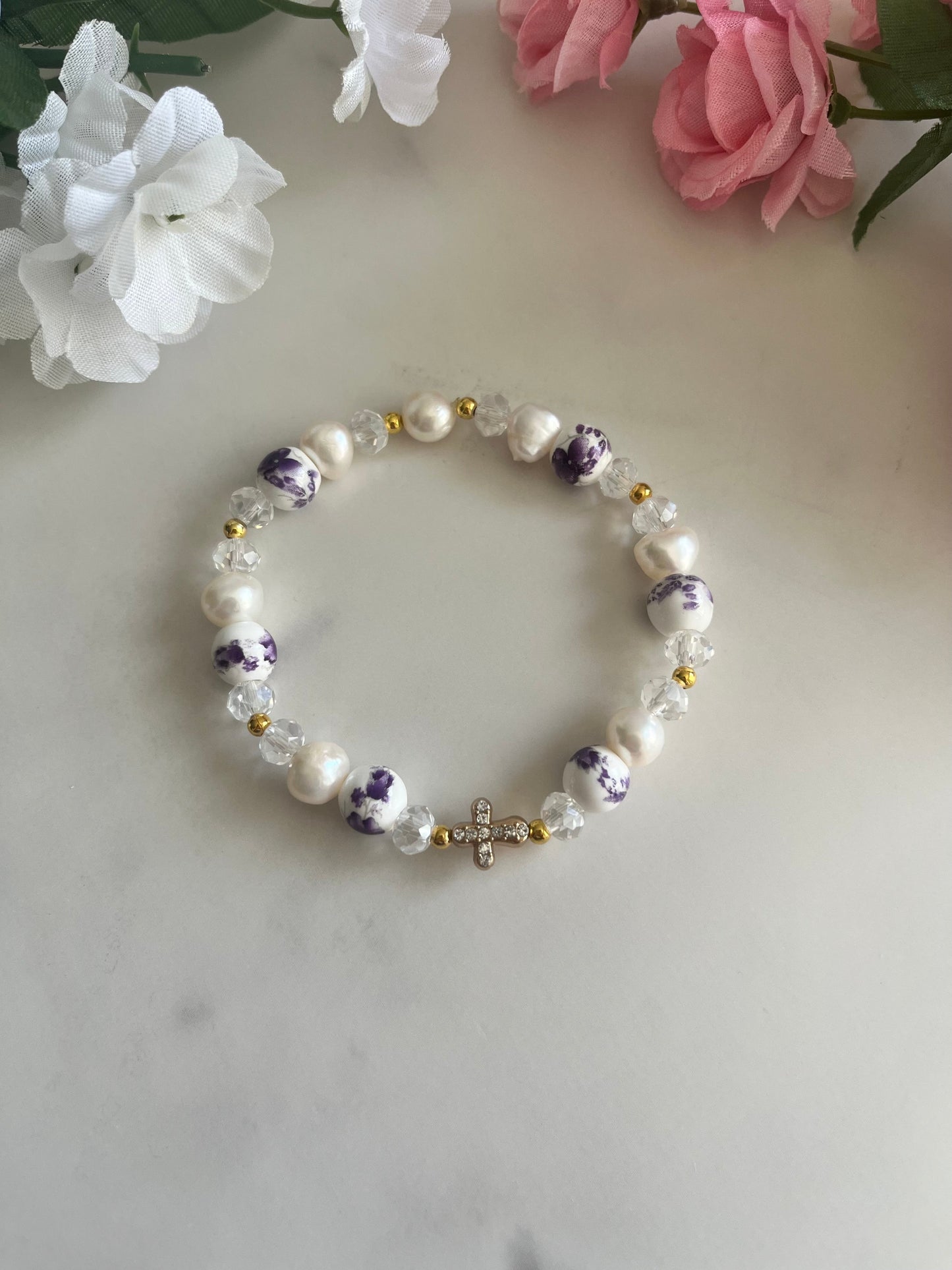 Freshwater Pearl Floral Cross Bead Bracelet