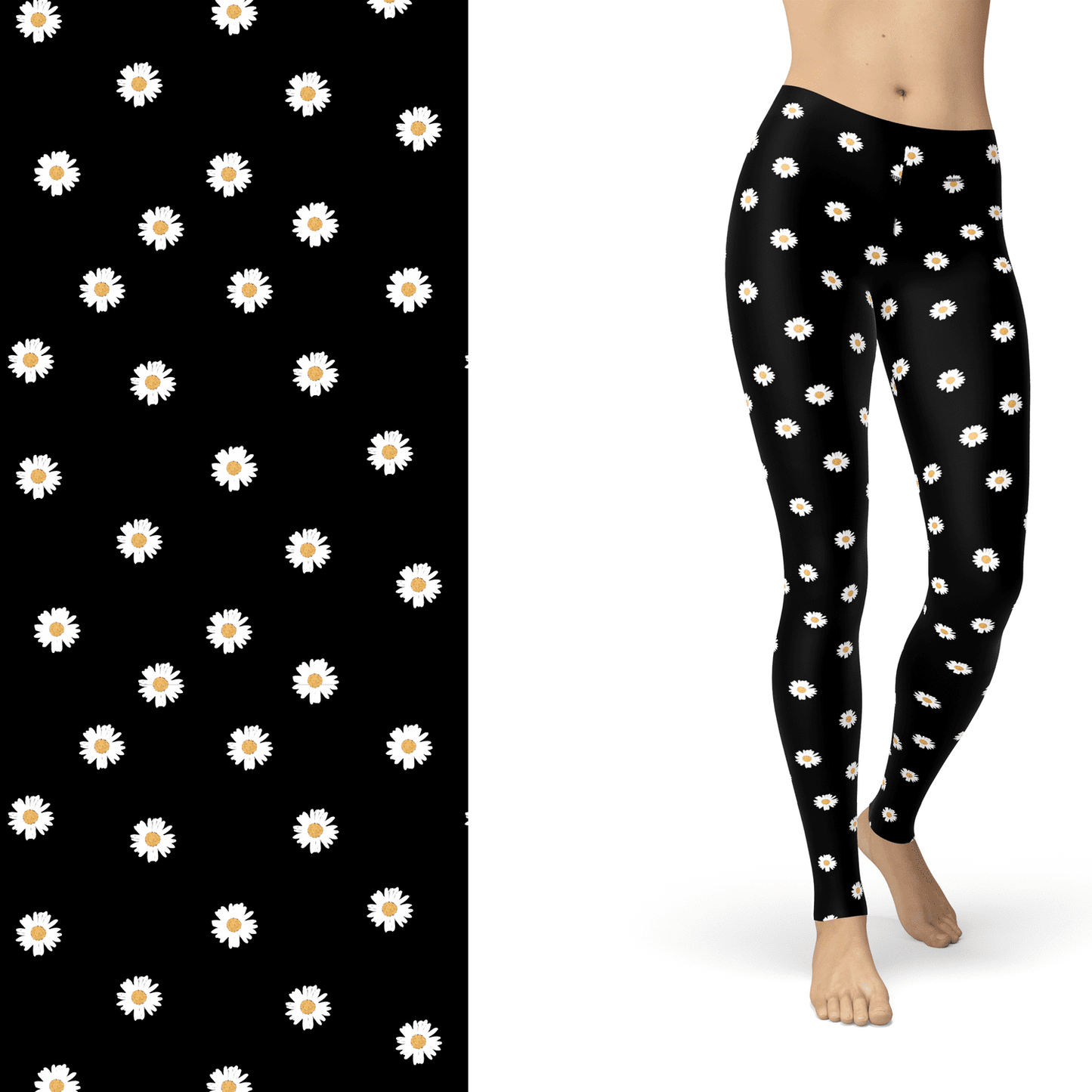 Daisy Flower Leggings Black and White with Left Side Pocket Active