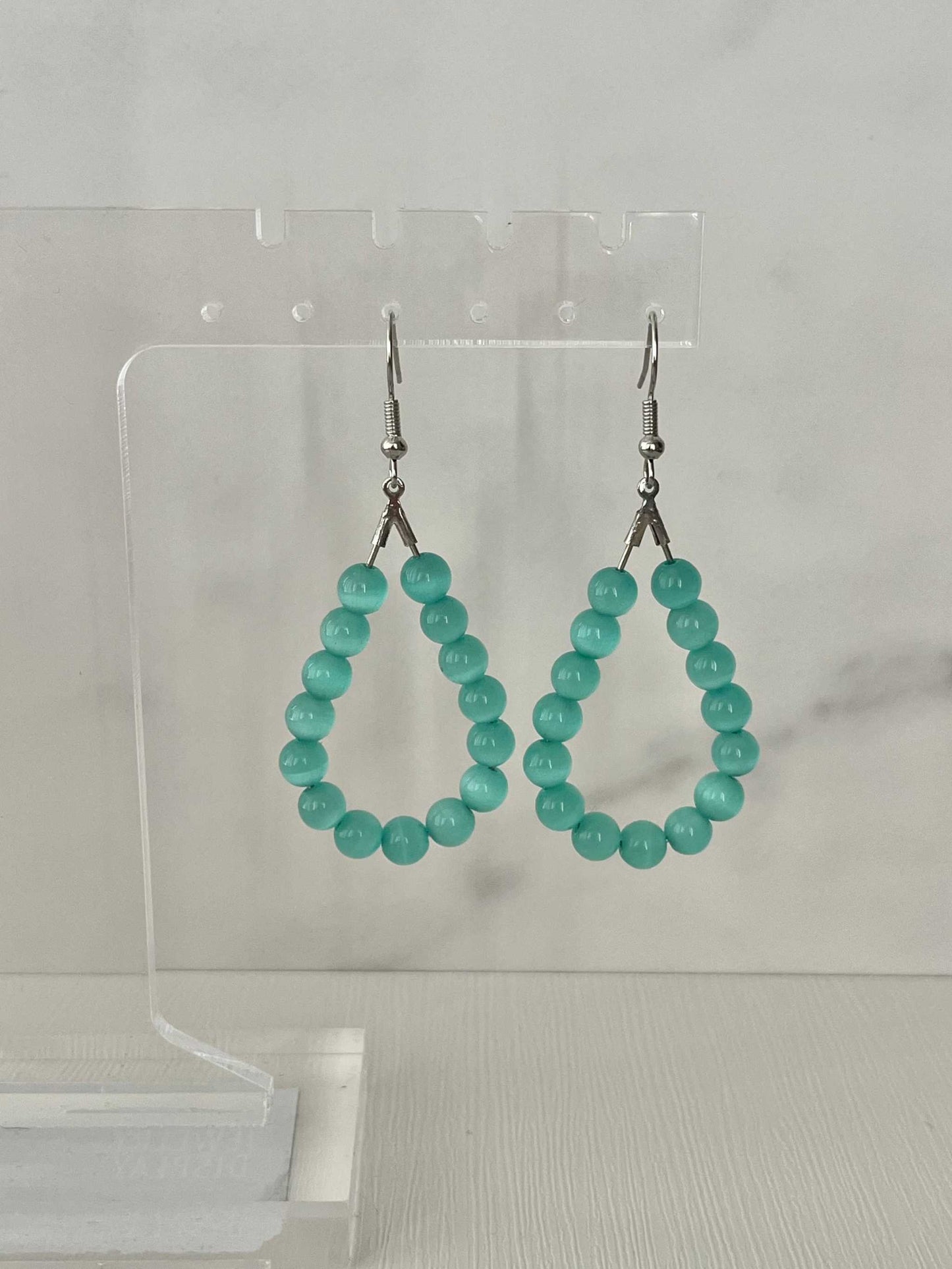 Teal Cat Eye Silver Earrings Light Blue Opal Drop