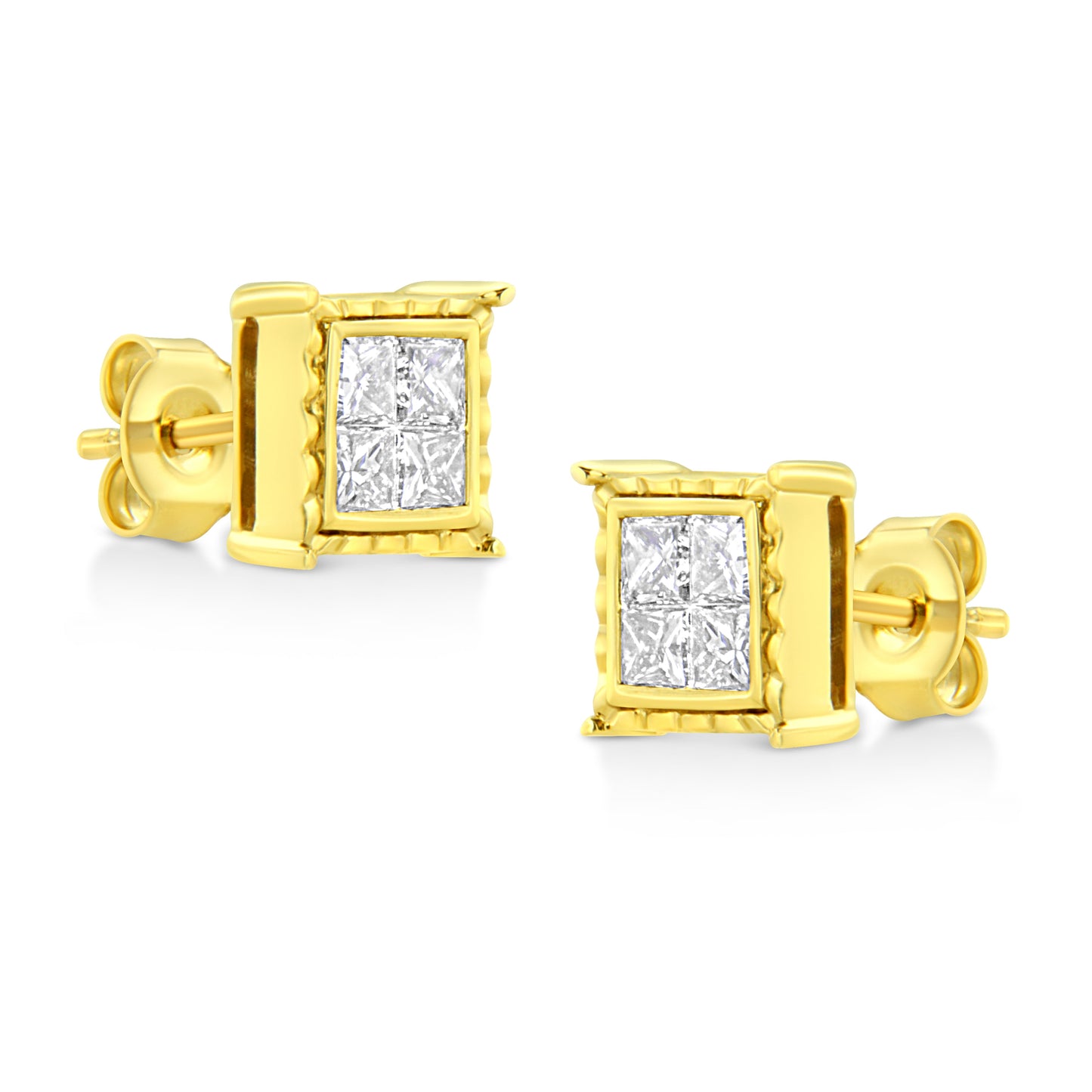 14K Yellow Gold 1.0 Cttw Invisible Set Princess-Cut Diamond Composite 8 Stone Stud Earrings (I-J Color, SI1-SI2 Clarity)