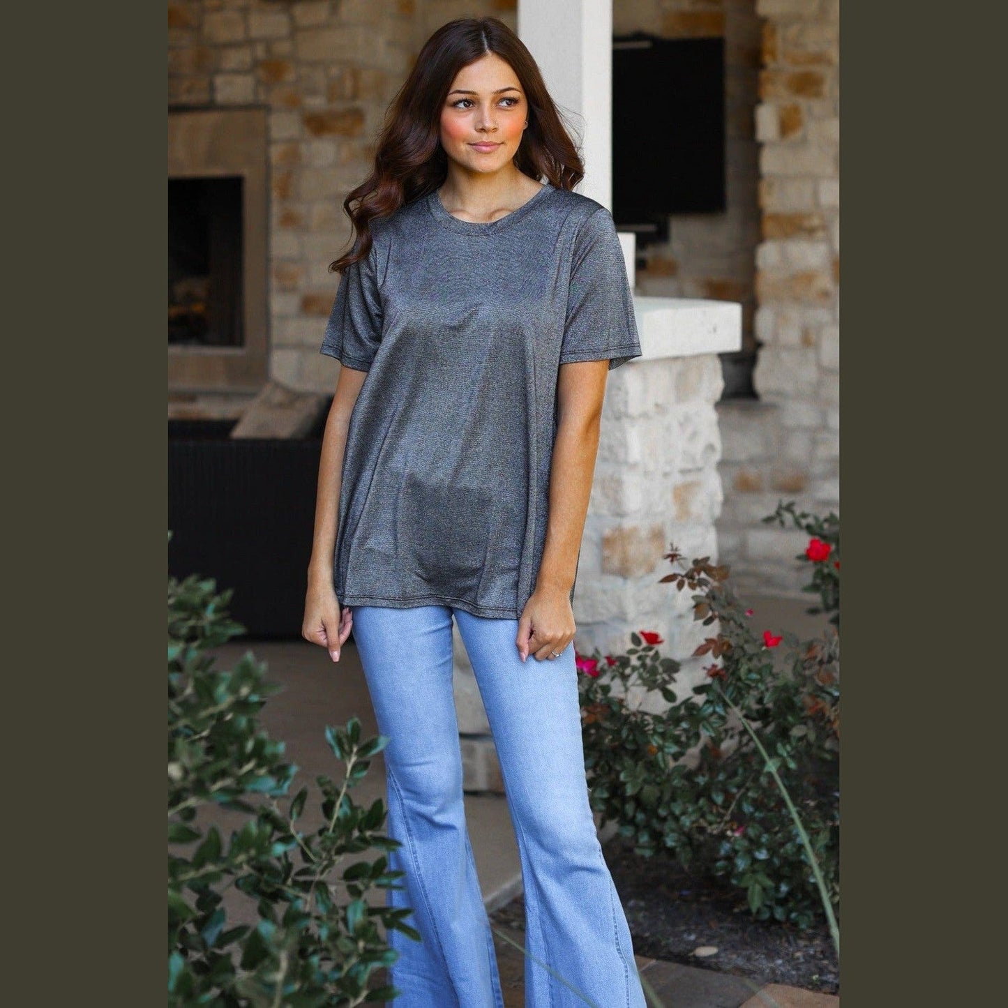 Glitter Short Sleeve T Shirt in Black