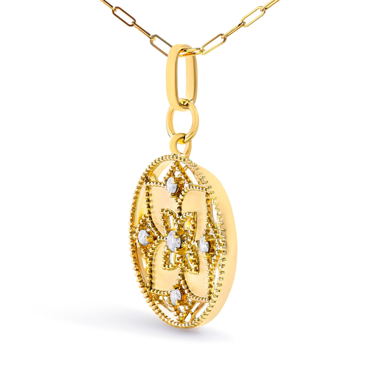 14K Yellow Gold 1/4 Cttw Diamond Star Flower Medallion Pendant Necklace