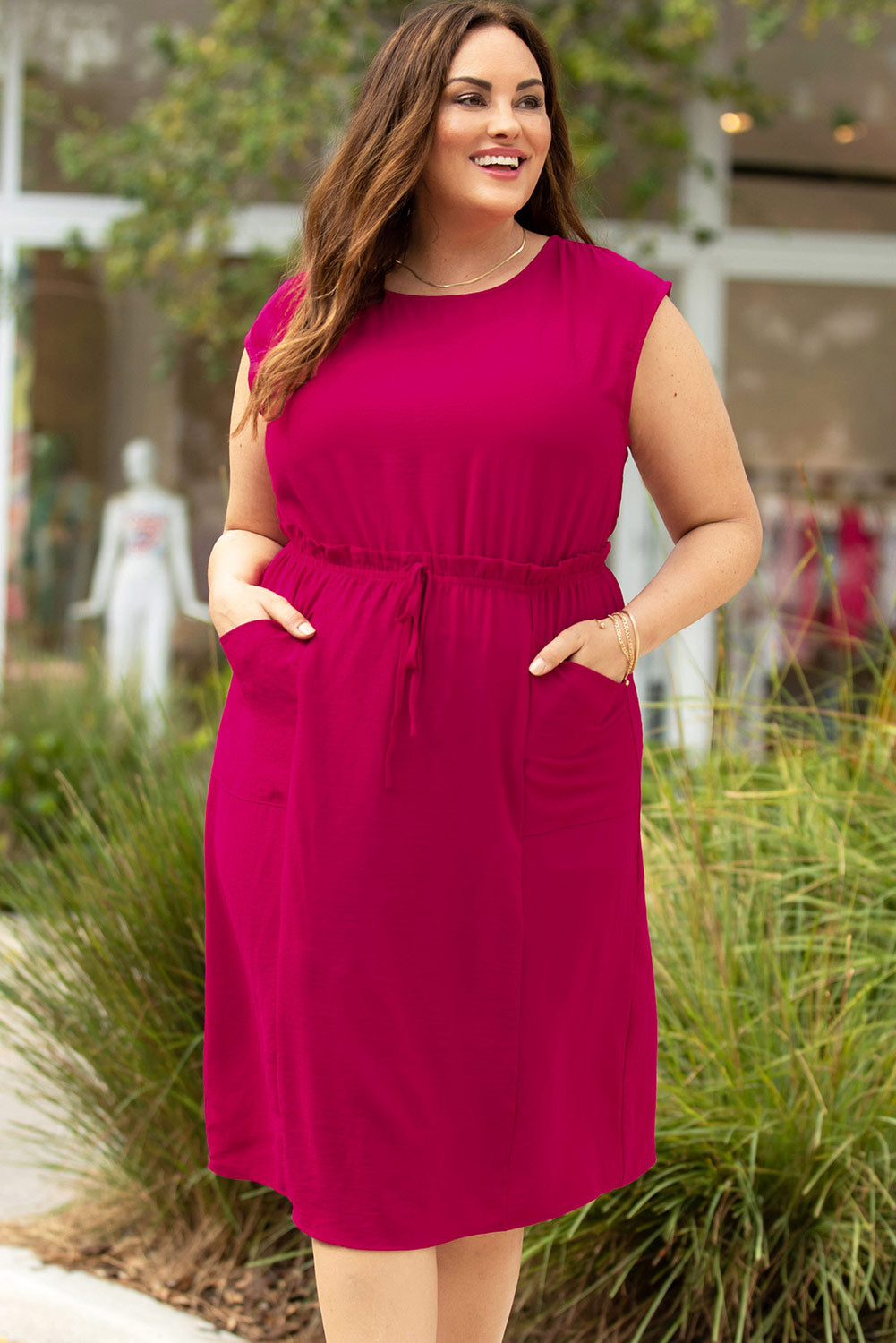 Rose Ruffled Drawstring High Waist Sleeveless Plus Size Midi Dress 2XL Rose Ruffled Drawstring High Waist Sleeveless Plus Size Midi Dress 2XL