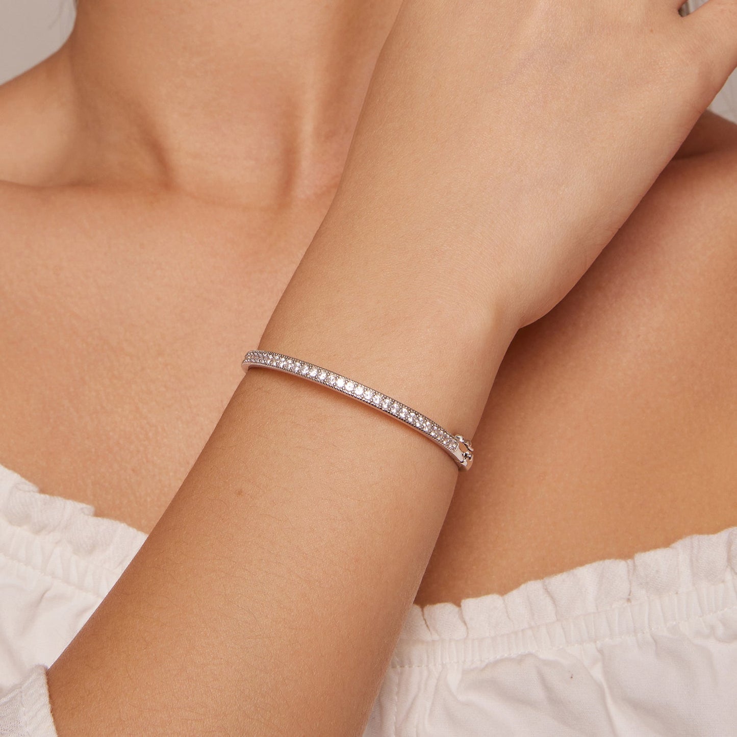 925 Silver & Platinum Pavé Setting CZ Bracelets, Size 17.0 mm for Women