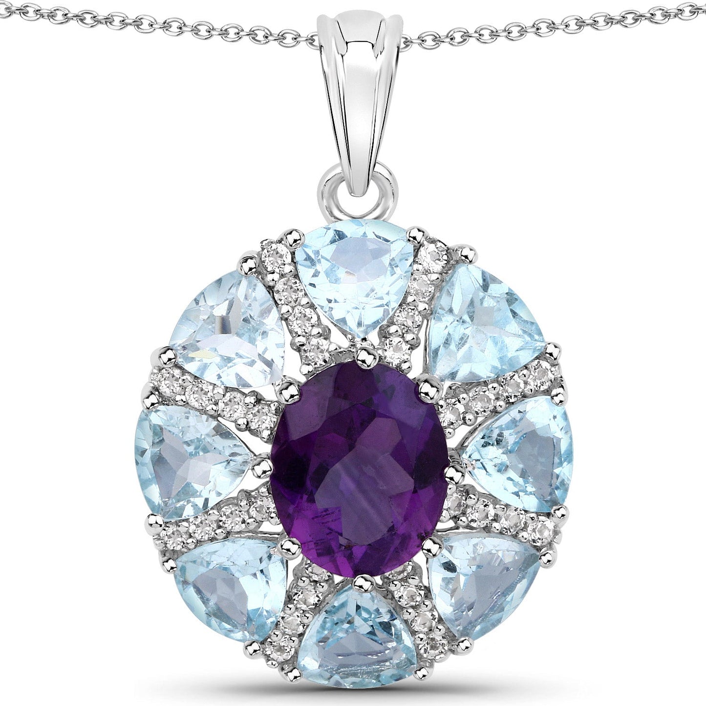 9.50 Carat Genuine Amethyst, Blue Topaz and White Topaz .925 Sterling Silver Pendant