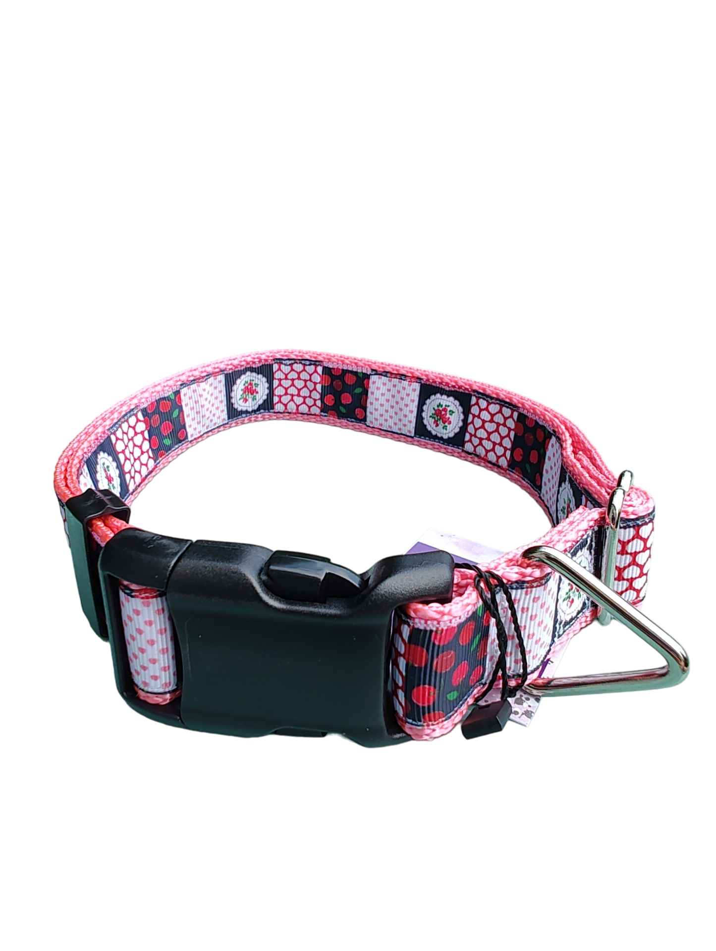 Patchwork Cherries Pink Nylon Dog Collar MD, LG, XL, Leash