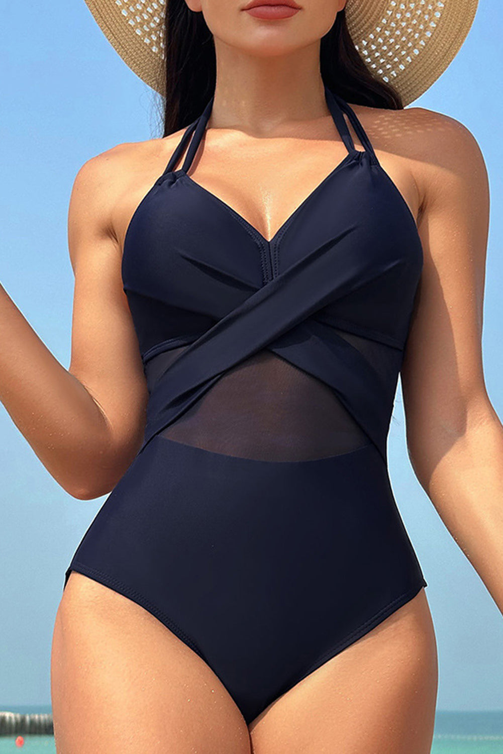 Black Halter Mesh Insert Cross Front One Piece Swimsuit