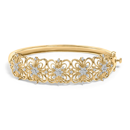 14K Gold 1.00 Cttw Diamond Vintage Inspired Floral Bangle Bracelet (H-I Color, SI1-SI2 Clarity) - 7.75" Inches