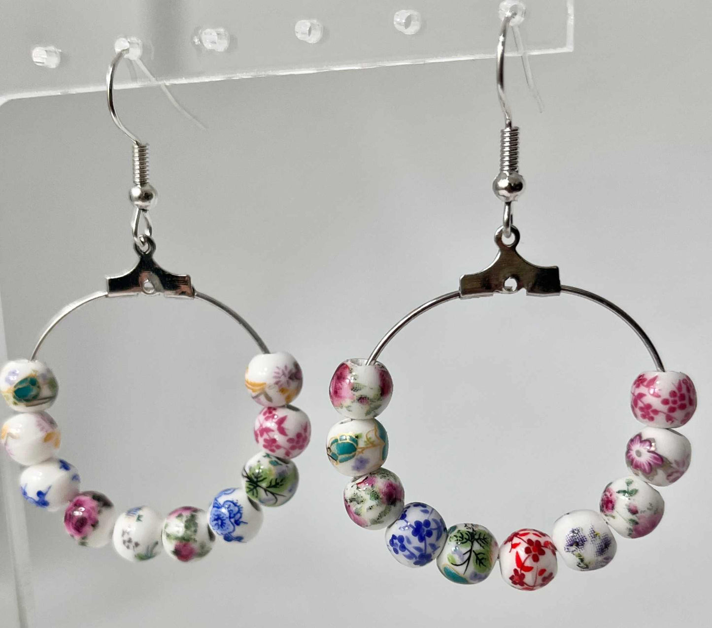 Floral Hoop Earrings – Multicolored Beaded Silver Jewelry