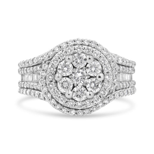 14K White Gold 1 1/2 Cttw Diamond Floral Cluster and Studded Shank Halo Ring (H-I Color, SI2-I1 Clarity) - Ring Size 7