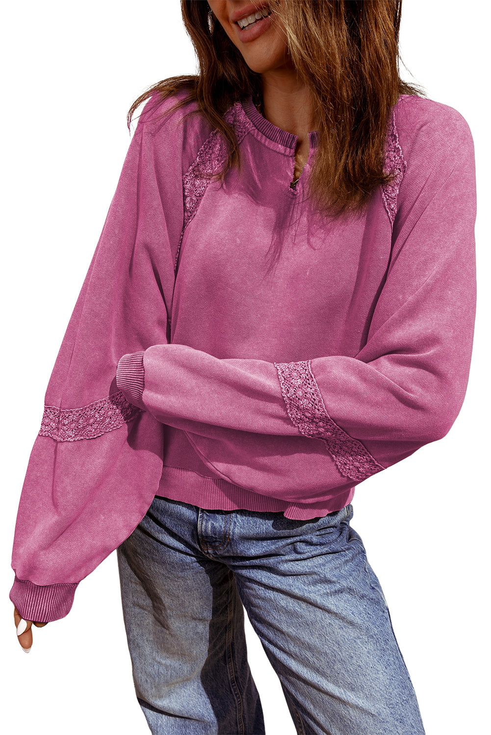 Red Dahlia Lace Applique Notched Neck Mineral Wash Baggy Sweatshirt