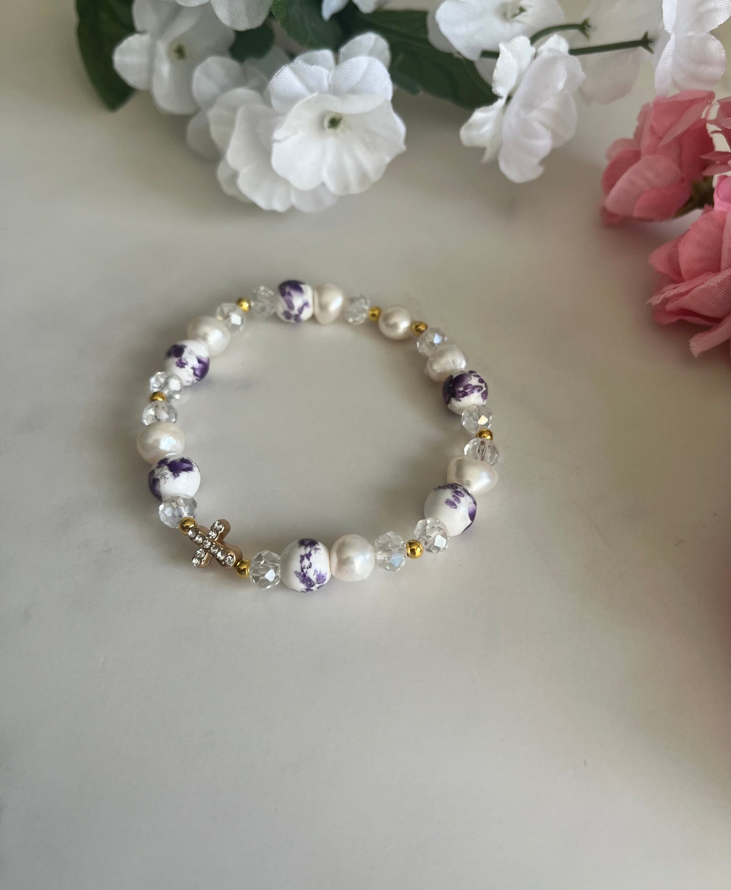 Freshwater Pearl Floral Cross Bead Bracelet