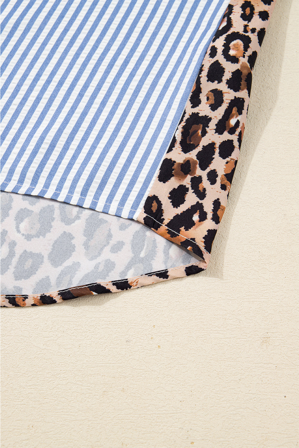 Sky Blue Contrast Leopard and Stripes Button Up Shirt