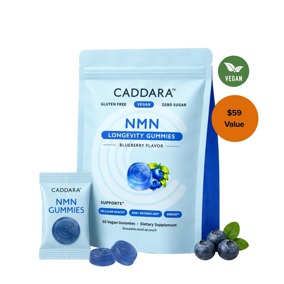 Caddara NMN Gummies – Blueberry Flavor, 60 Vegan Gummies