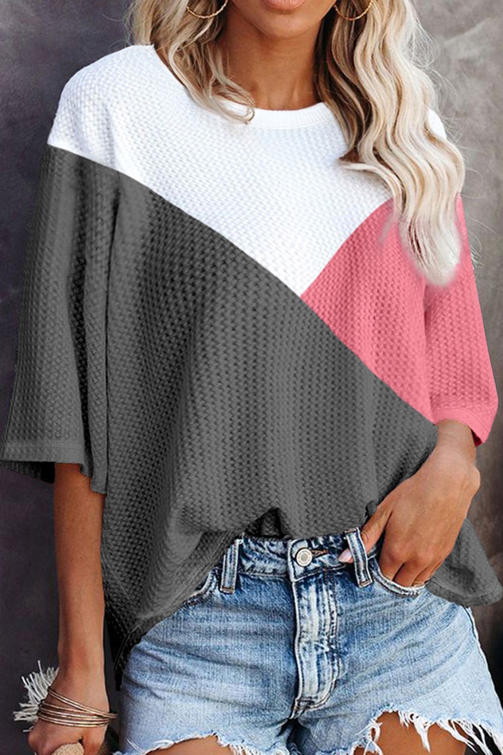 Color Block Round Neck Half Sleeve Top