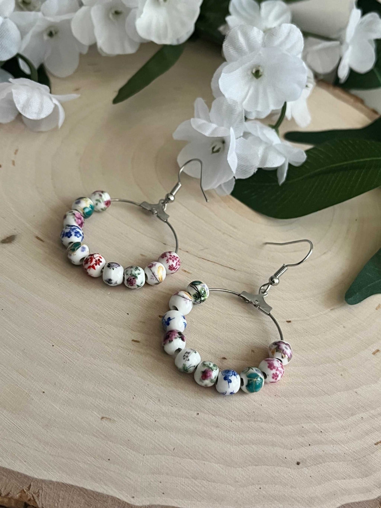 Floral Hoop Earrings – Multicolored Beaded Silver Jewelry