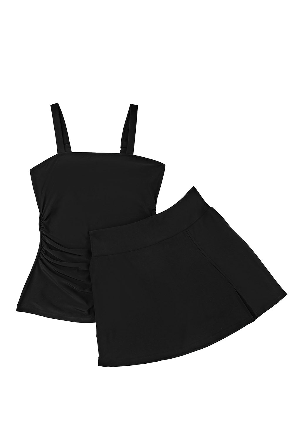 Black Ruched Square Neck Adjustable Strap Tankini Swimsuit