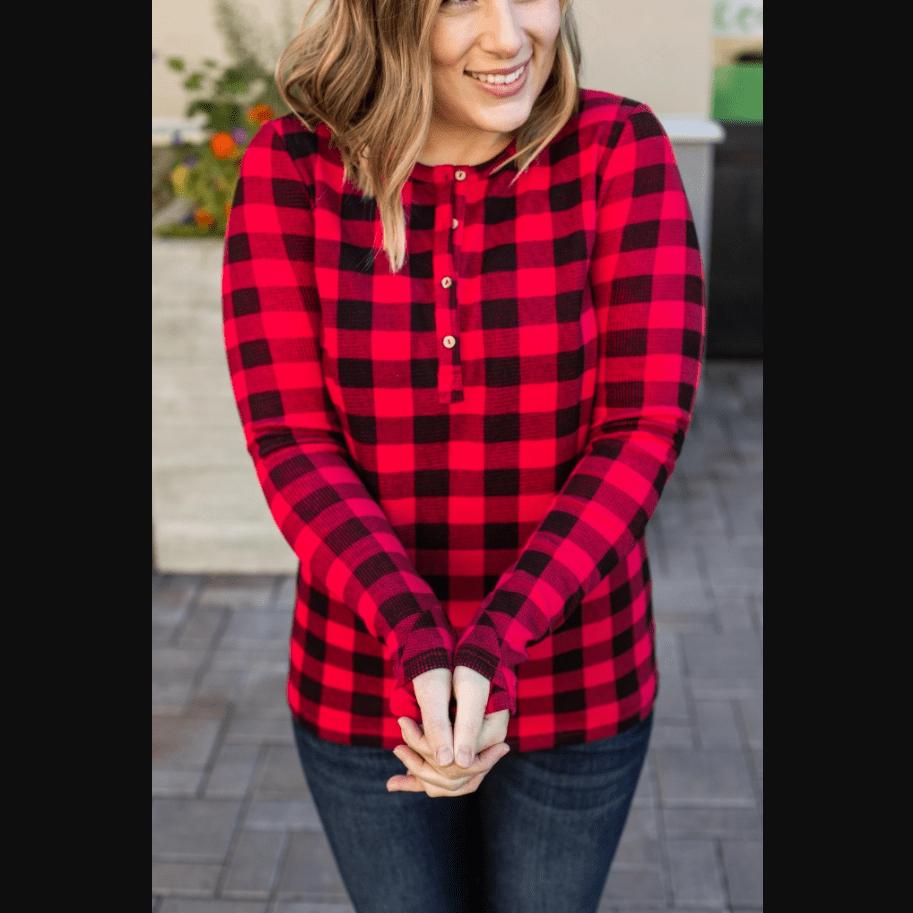 Buffalo Plaid  Henley Shirt Women  Long Sleeve with Thumb Holes