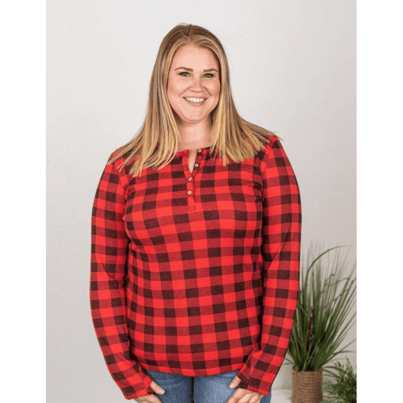 Buffalo Plaid  Henley Shirt Women  Long Sleeve with Thumb Holes
