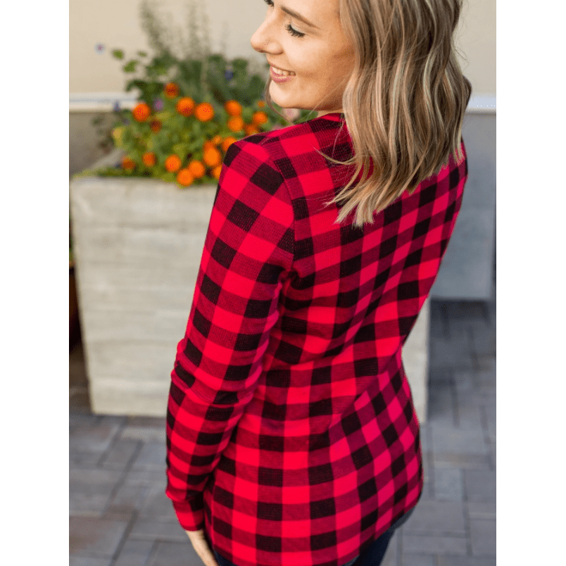 Buffalo Plaid  Henley Shirt Women  Long Sleeve with Thumb Holes