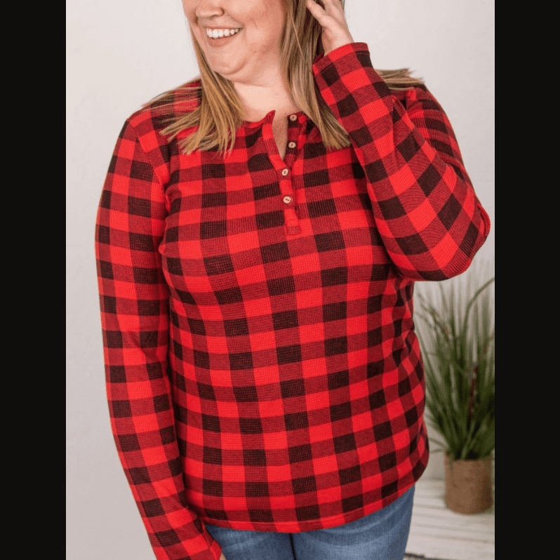 Buffalo Plaid  Henley Shirt Women  Long Sleeve with Thumb Holes
