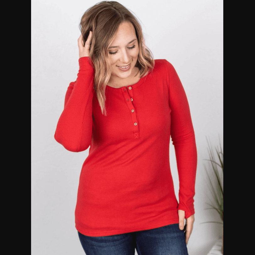 Bright Red Henley Shirt Women  Long Sleeve with Thumb Holes
