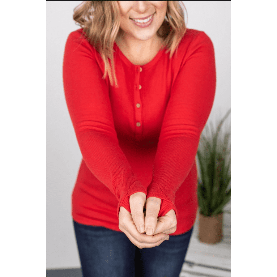 Bright Red Henley Shirt Women  Long Sleeve with Thumb Holes