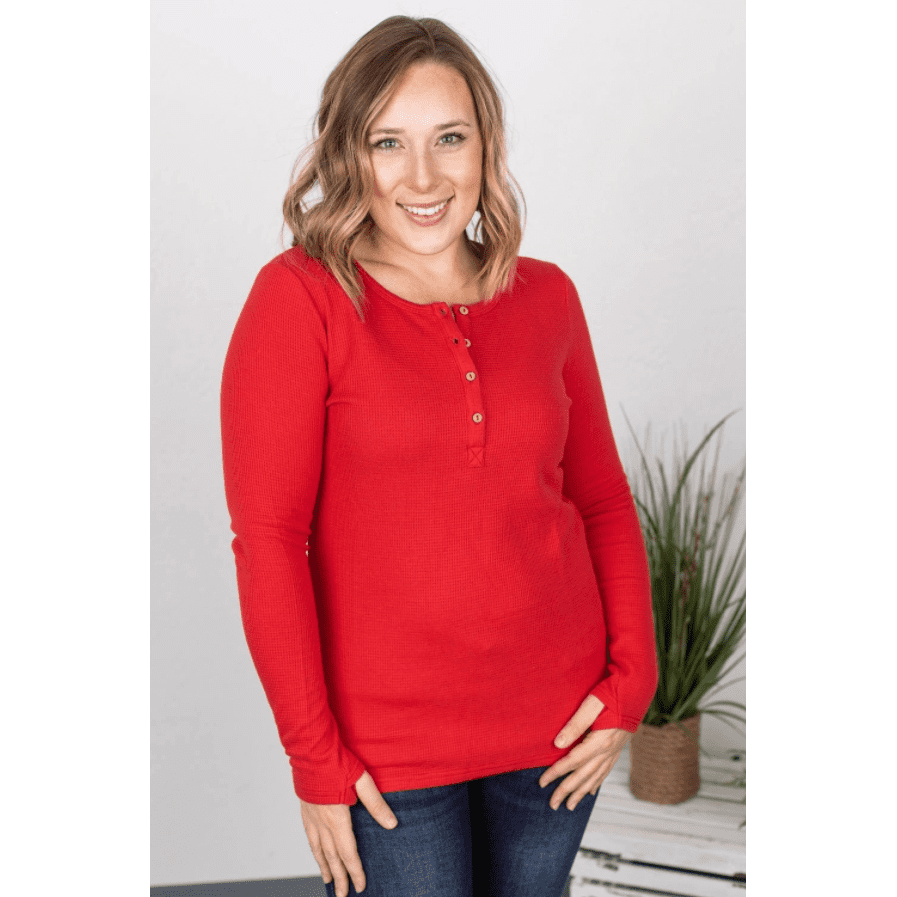 Bright Red Henley Shirt Women  Long Sleeve with Thumb Holes