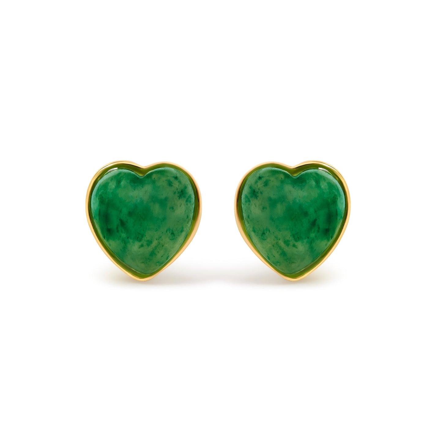 18K Yellow Gold 9x8 MM Bezel Set Green Jade Heart Stud Earrings