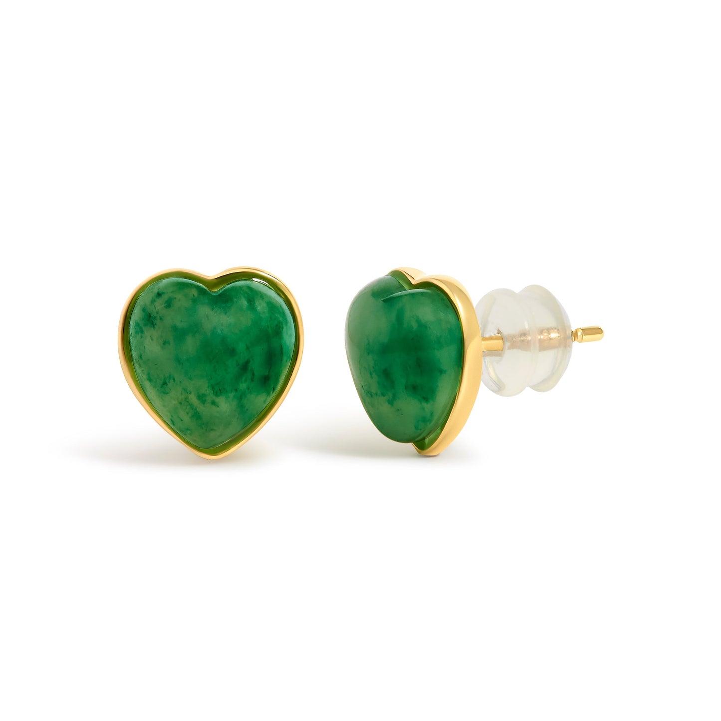 18K Yellow Gold 9x8 MM Bezel Set Green Jade Heart Stud Earrings