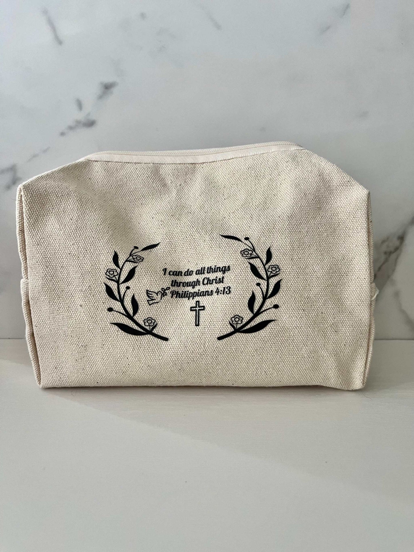 Strength Through Faith Toiletry Bag - Floral Cotton Travel Pouch