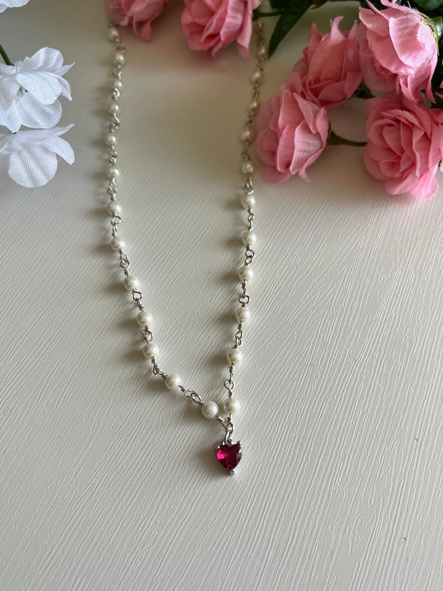 Silver Pearl Heart Necklace Handmade Christian Jewelry