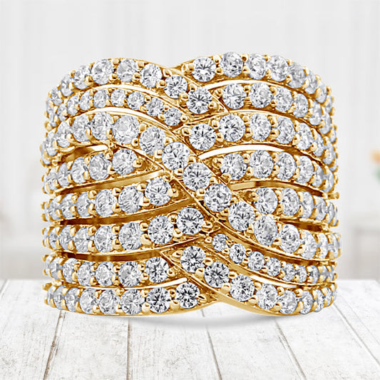 10K Yellow Gold 3.0 Cttw Diamond Eight-Row Bypass Crossover Statement Band Ring (H-I Color, I2-I3 Clarity) - Size 7