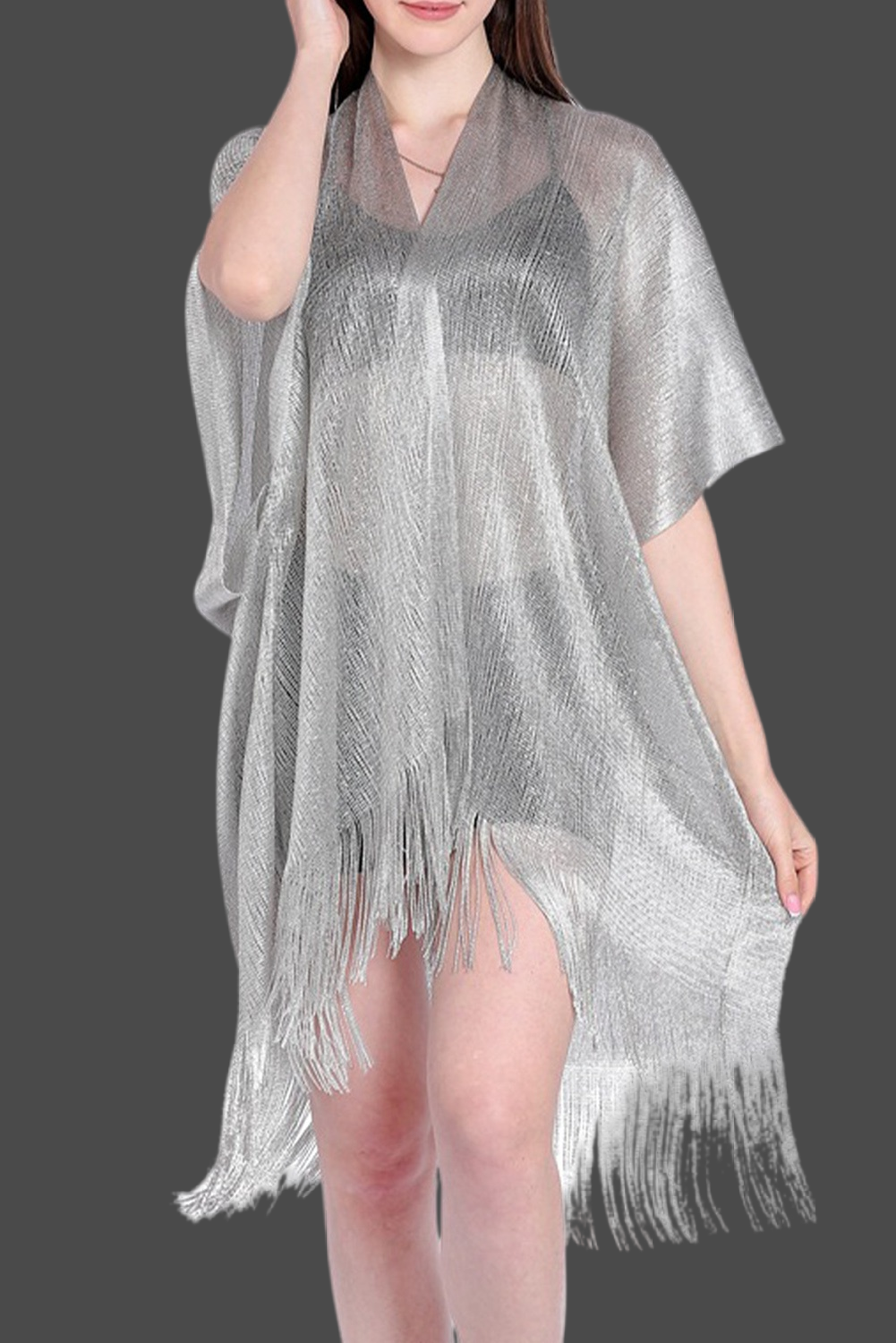 Gold Batwing Sleeve Tasseled Mesh Beach Cover Up