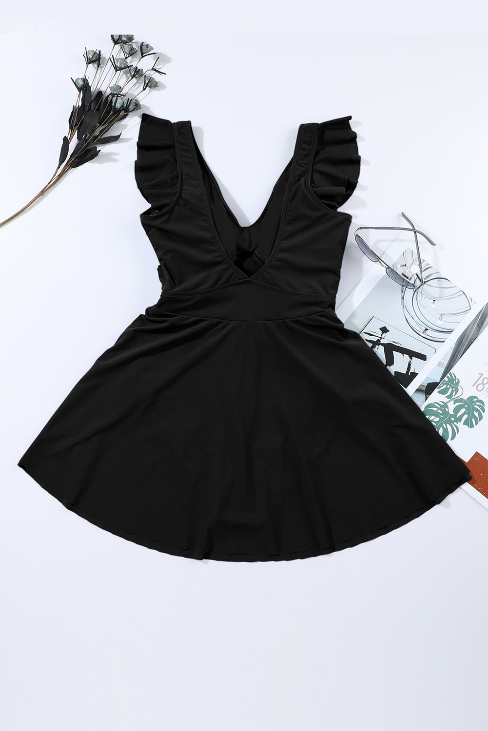 Black Cut Out Ruffle Crossed One Piece Swimdress