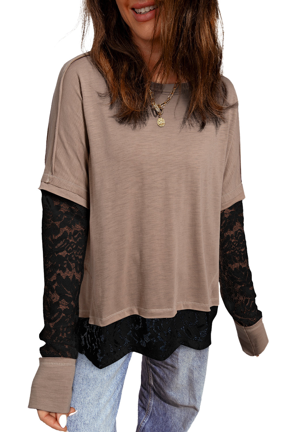 Dark Brown Sheer Lace Patchwork Casual Long Sleeve Tee