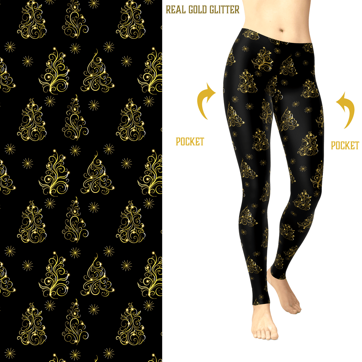 Black & Gold Christmas Tree Leggings with Pockets