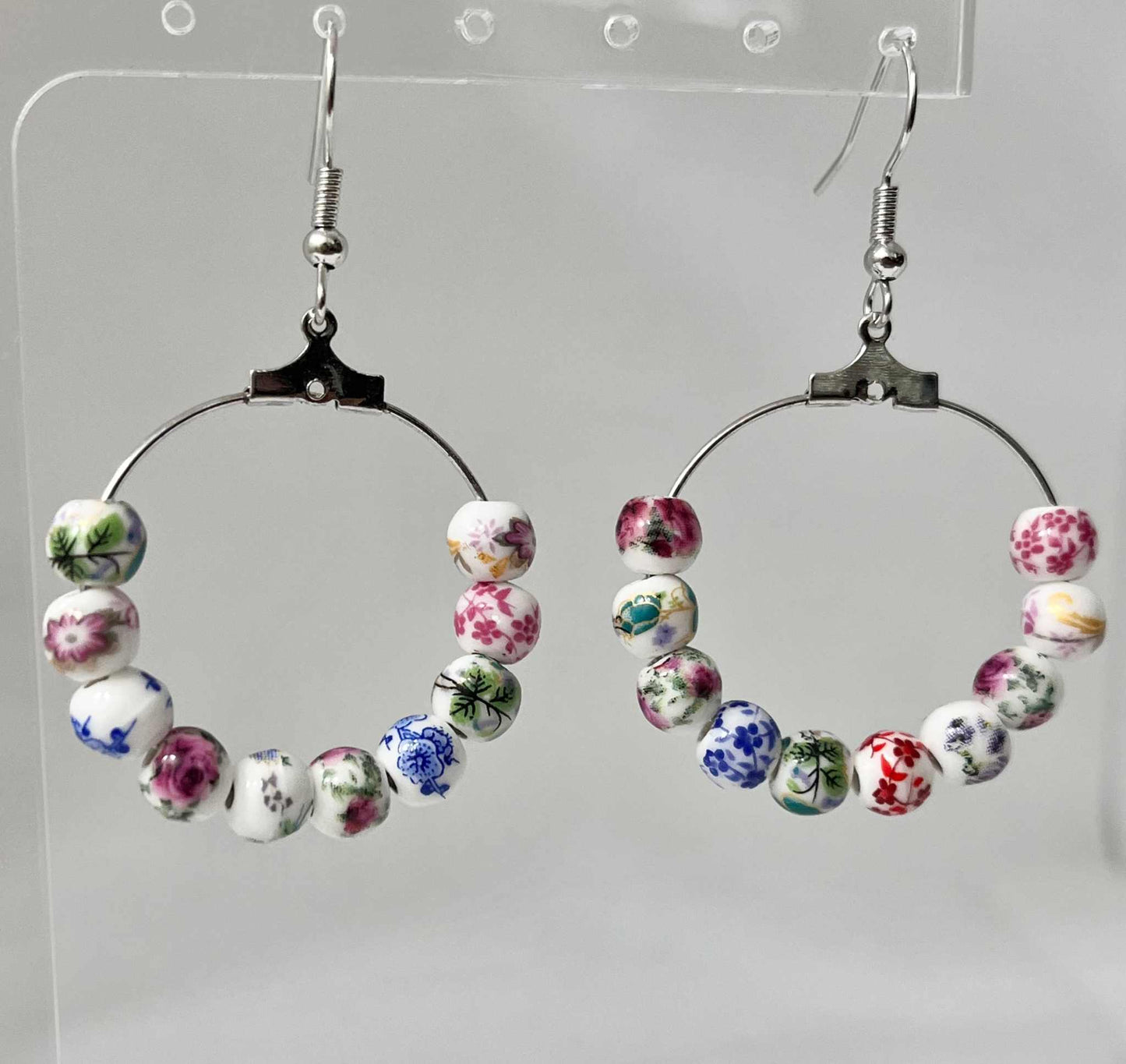 Floral Hoop Earrings – Multicolored Beaded Silver Jewelry