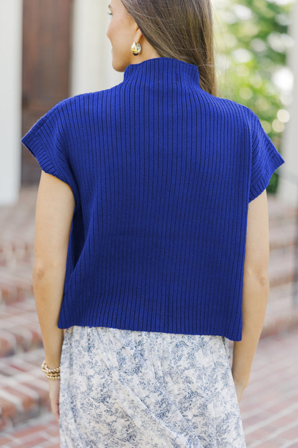 Gold Flame Patch Pocket Ribbed Knit Short Sleeve Sweater