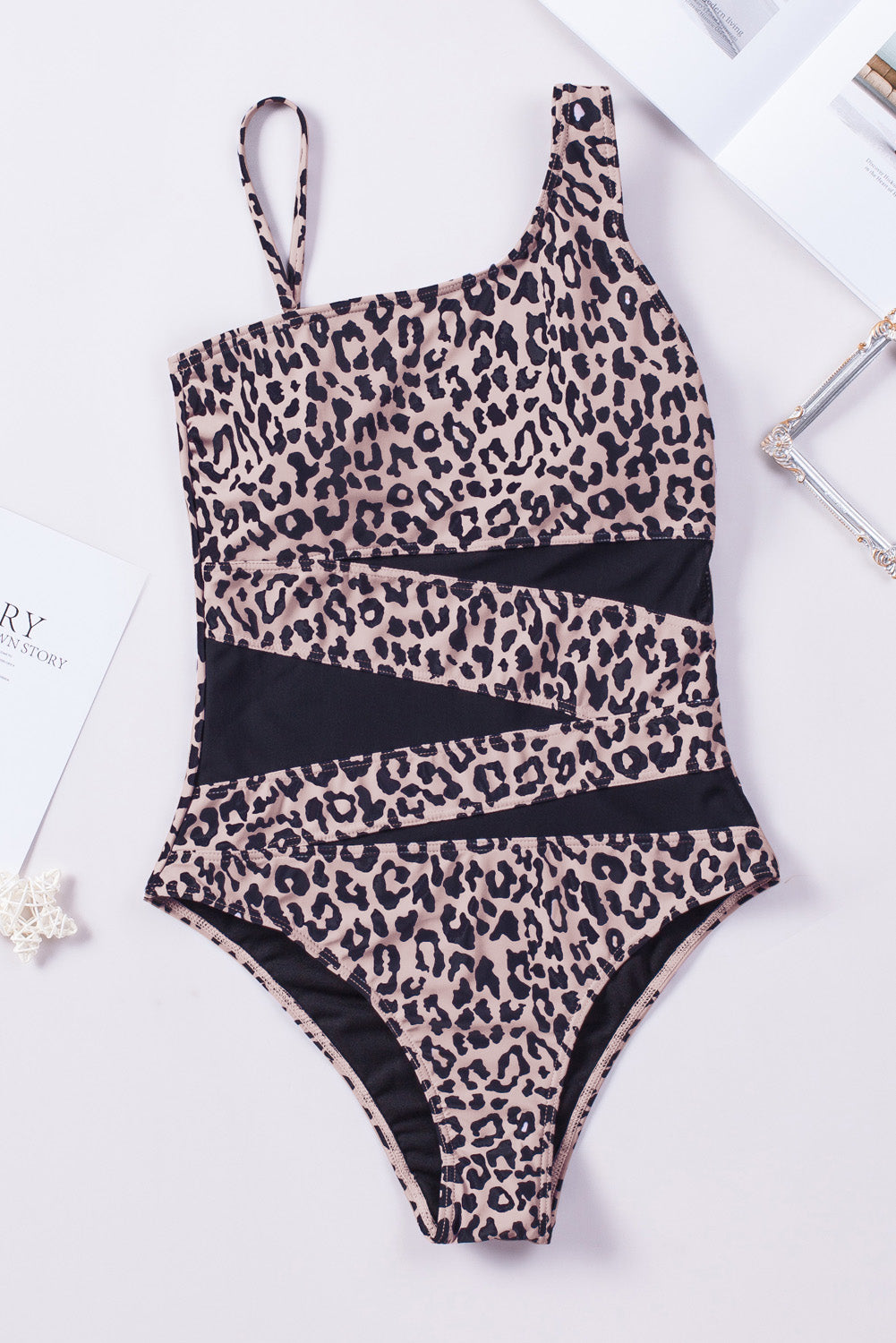 Cheetah Asymmetrical Mesh Splicing High Leg One Piece Swimsuit