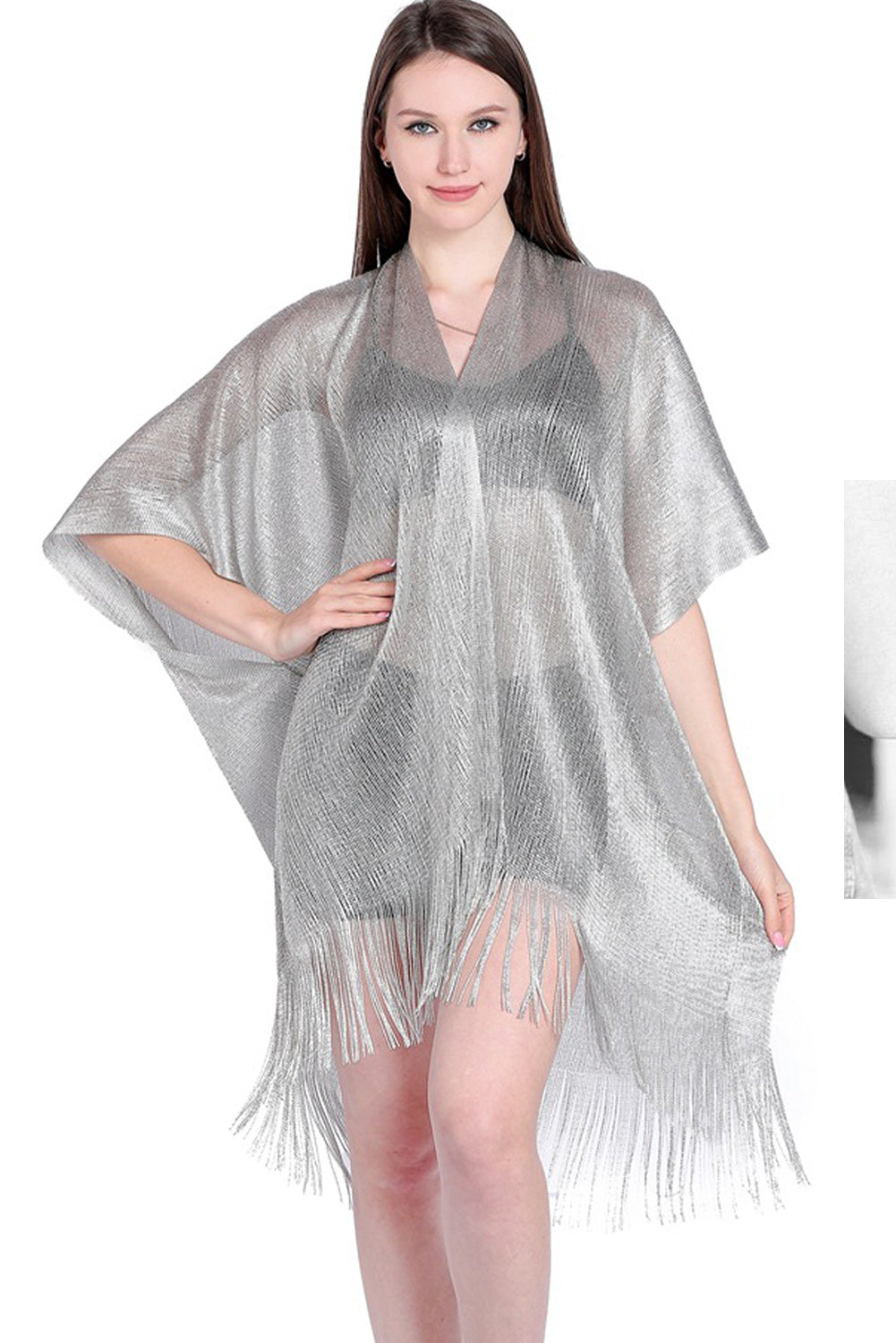 Gold Batwing Sleeve Tasseled Mesh Beach Cover Up