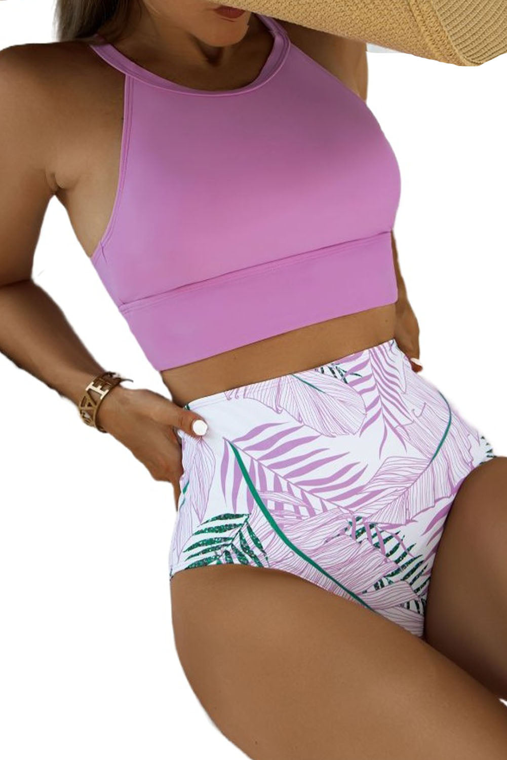 Purple Tropical Print Back Split High Waisted Swimsuit