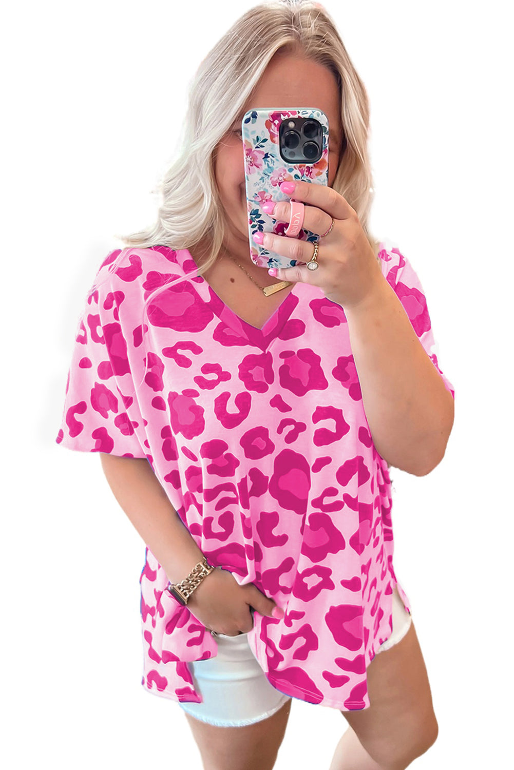 Pink Leopard Print V Neck Plus Size Tee