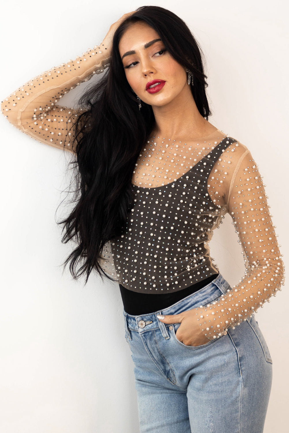Black Pearl and Rhinestone Decor Sheer Cropped Top without Camisole