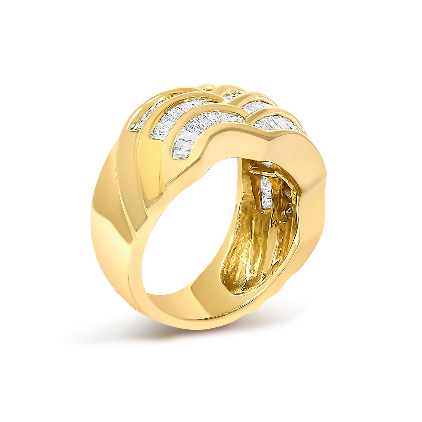 14K Yellow Gold 1-1/3 Cttw Baguette Diamond Wave Design Band Ring