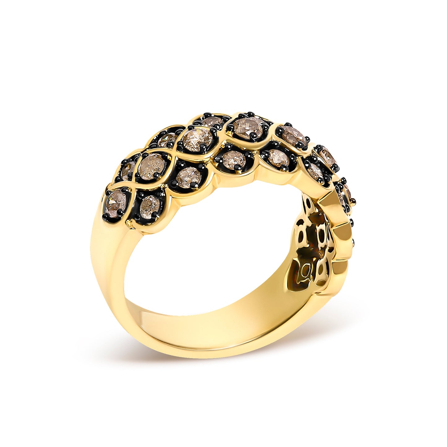 10K Yellow Gold Plated Sterling Silver 1.0 Cttw Brown Diamond Scalloped Motif Band Ring