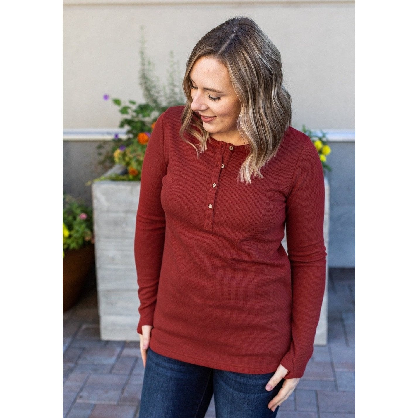 Rust Henley Shirt Women Long Sleeve with Thumb Holes