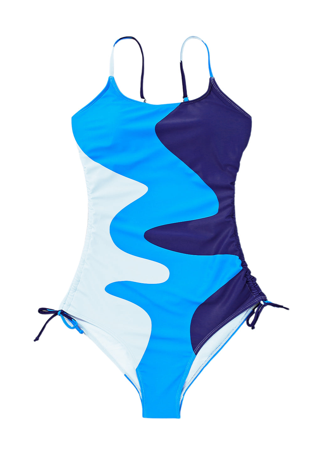 Sky Blue Color Block Drawstring Sides One Piece Swimsuit